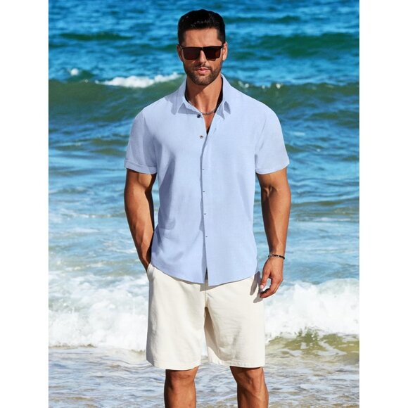 Men's Light Blue Linen Short Sleeve Button Down Casual Shirt Business Dress - Picture 3 of 6